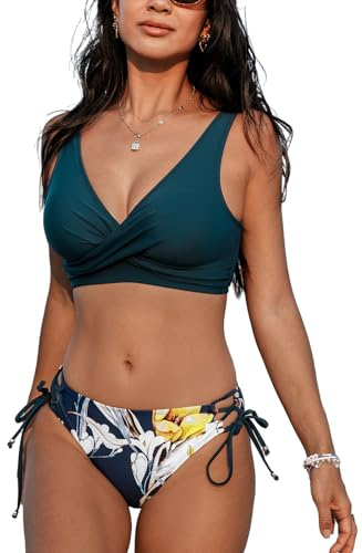 CUPSHE Damen Bikini Set V Ausschnitt Crossover Lace Up Tank Bikini Low Waist Tropical Print Bademode Zweiteiliger Badeanzug Swimsuit Türkisblau/Gelb M