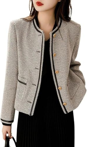 Goolecrimp Giacca da Donna in Tweed Senza Colletto a Righe Vintage, Elegante Giacca da Lavoro Sottile da Ufficio Corta Morbida in Tweed Giacca Ampia da Lavoro (Nero,L)