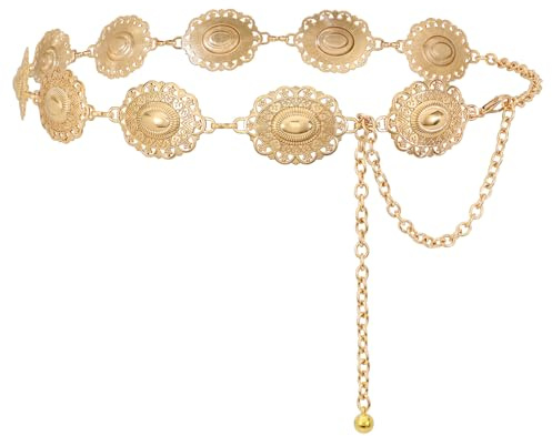 JasGood Damen Concho Taillenkettengürtel Mode Kettengürtel Taillenkette Taillengürtel Verstellbarer Metall Gürtel Gold Damen Western Cowgirl Gürtel für Kleider