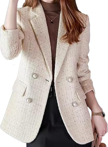 Blazer in Tweed da Donna Leggero Elegante Doppiopetto con Revers Casual alla Moda Tendenza Slim Business da Lavoro (Beige,XL)
