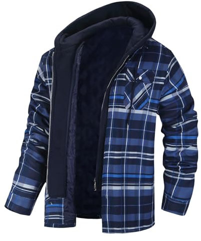 Veste chemise à capuche en flanelle à carreaux pour homme, veste chemise chaude doublée de molleton, confortable à capuche en flanelle à carreaux pour homme, veste chemise à capuche avec fermeture