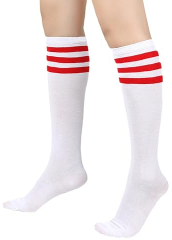 BRTNUP Chaussettes de bottes rayées, chaussettes genoux, décontractées, à rayures, pour femmes et filles, rouge/blanc, taille unique