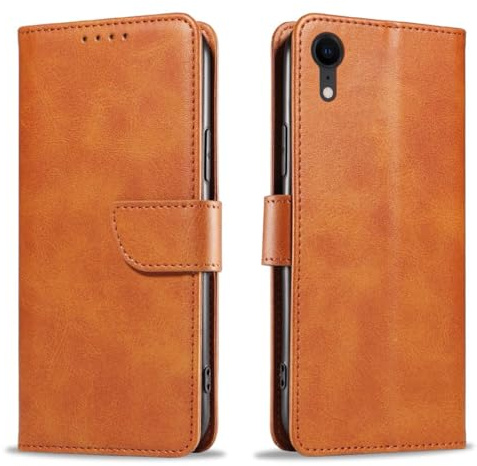 Meliya Coque pour iPhone XR, Housse Premium en Cuir PU, Étui à Rabat avec Boucle, Coque de Portefeuille, Fermeture Magnétique, Étui avec Support pour iPhone XR (Kaki)
