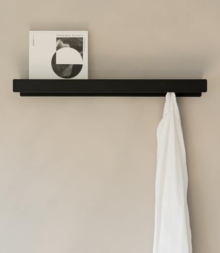 Kazai. Garderobenhaken 'Kian' | Moderne Garderobe mit versteckten Kleiderhaken und Ablage | Design Garderobenleiste aus Metall | Kleiderstange Wandmontage | Schwarz