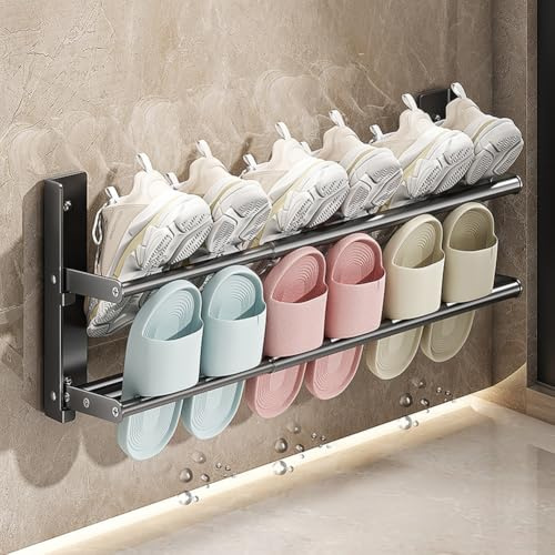 DongMaple Schuhregal Wand 2 Ebenen, 37-67cm Ausziehbar Schuhablage Schuhhalter Wand Metall Schuhregal Platzsparend,für 6 Paar Schuhe- Schuh Organizer für Wohnwagen,Badezimmer und Korridor,Grau