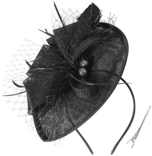 DRESHOW Blume mit Einzelnem Pfeil Feder Fascinators Hut Stirnband und Eine Gegabelte Clip Braut Kopfbedeckung Derby Fascinator Pillbox Hut Kopfschmuck für Mädchen & Damen