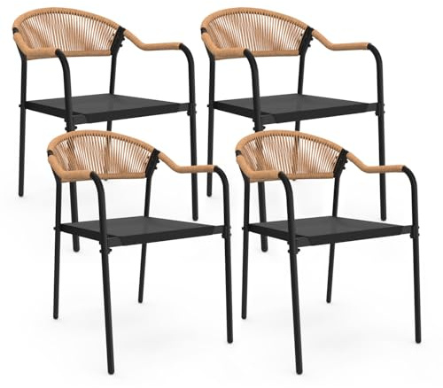 IDMarket - Set aus 4 Gartenstühlen Madeira Metall, Seil und Textilene schwarz und helles Rattan | Aus Metall und Textilene