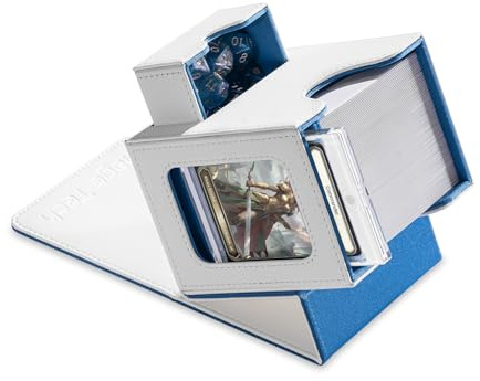 Mage Tech Card Deck Box for MTG Commander - Patented Design, Commander Display, Fits 100 Double-Sleeved Cards, 35pt Card Brick & Dice Tray - White/Blue
