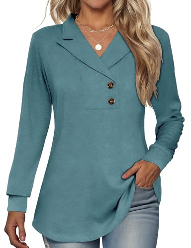 Tisfeer Damtröja långärmad toppar knapp v-ringad tunika skjortor business dressy vardaglig gunga solid pullover 2026, Blå grön, XL