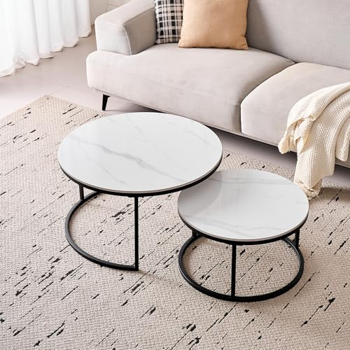 BenyLed Lot de 2 Tables Basses Gigognes avec Plateau en Céramique Pierre, Table Basse Ronde, Convient pour Salon, Chambre, Bureau et Balcon (Blanc/Noir), 80 * 80 * 45cm+60 * 60 * 35cm
