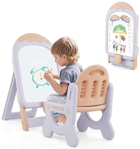 COSTWAY Kinder Staffelei mit Stuhl, Kindertafel Höhenverstellbar & Klappbar mit Whiteboard & Aufbewahrungsbox, Tafel Kinder mit Marker und magnet, Geschenk Spieltafel für Mädchen Jungen (Lila)