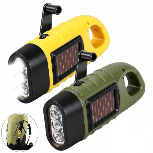 VINSPIRE Wind Up Torch, LED Solar Super Bright Emergency with Carabiner Hook, Portable Camping Torch for Outdoor, Camping, Hiking, Survival Gear（2-Pack Yellow and Army Green