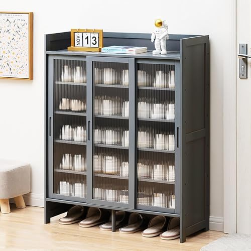Moderno zapatero de bambú de 5 niveles con puertas correderas estrecho de 32 cm, zapatero de pie de gran capacidad para entrada, pasillo, sala de estar, gris, 87 x 32 x 106 cm
