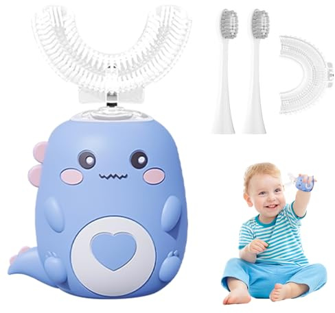 Hojalis Lulabini Dinobrush, Auto-Schallzahnbürste Für Kinder Mit 2 U-Förmigen Silikonbürstenköpfen & 2 Bürstenkopf, Elektrische Kinderzahnbürsten Mit LED & Dino-Look Licht, Electric Toothbrush Kids