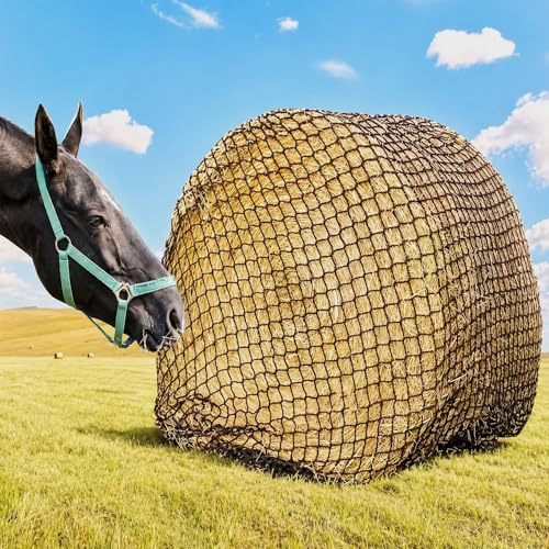 Ribowri Heunetz für Pferde 210x210cm Maschenweite 4,5x4,5cm engmaschig Rundballennetz - UV-beständig & wetterfest - Reduziert Heuverschwendung um 60% & verlängert Fresszeit