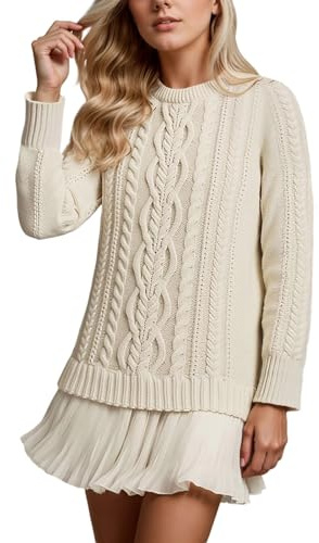 Set vestito in maglia da donna con maglione a motivo intrecciato e gonna plissettata - Outfit in due pezzi dal look a strati | Set elegante per autunno e inverno, S