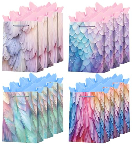 Gift Bags Medium Size with Tissue Paper,12Pack 9 Colorful Wrap Paper Gift Bags with Handles for Birthday Party Graduation Christmas Easter Holiday Presents 4 Designs (Light Purple)
