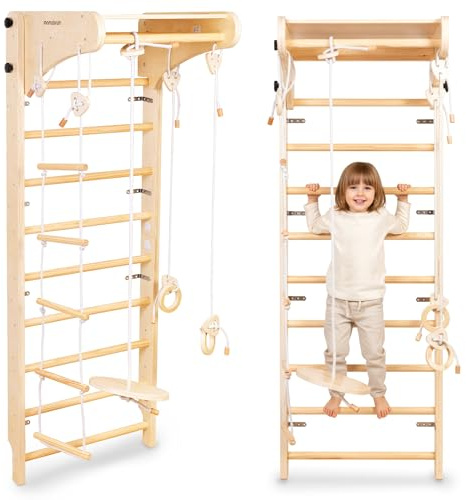 Mamabrum Kinder Turnleiter Holz – Wand Klettergerüst mit Schaukel, Ringen und Strickleiter – Fitness und Spiel für Zuhause