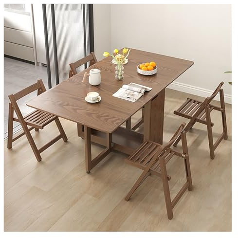 Ensemble table de salle à manger pliante en chêne noyer avec chaises de rangement dissimulées, design feuilles tombantes pour petites cuisines et appartements, table de salle à manger compacte de