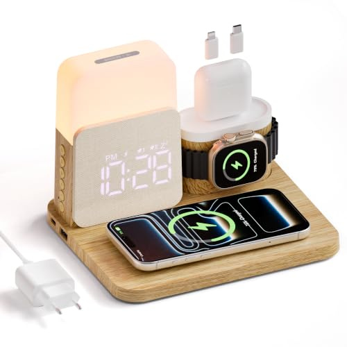 5 in 1 Caricatore Wireless per i phone 17-11, Stazione di Ricarica con Doppia Sveglia e Luce 3 Colori Regolabile, Caricatore 3 in 1 a pple Watch Air-Pods Adattatore Incluso – per Camera, Ufficio