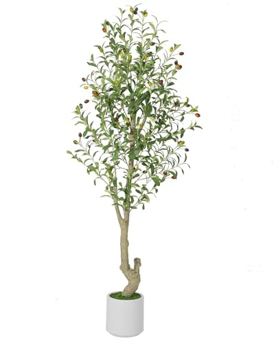 Garvee Olivo Artificial Decorativas 150cm, Planta De Interior De Imitación Realista con Macetero Blanco y Musgo Verde. No Requiere Mantenimiento, Ideal para Salón, Dormitorio y Oficin, 150cm 1 Pieza