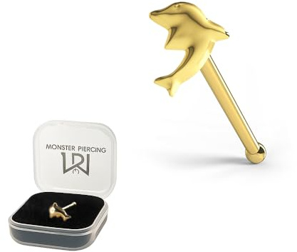 Monster Piercing | 9K Gold Echtgold | Nasenpiercing Nasenstecker Stud | Delfin | Stabstärke: 22G (0,6 mm) | Stablänge: 6mm | Hypoallergen