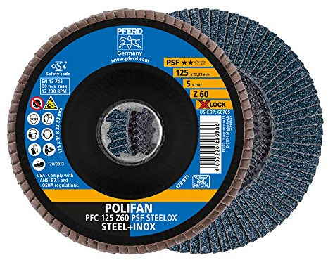 PFERD TOOLS Fächerscheibe POLIFAN, 10 Stück, 125mm, Z60, X-LOCK (22,23 mm), PSF STEELOX, 67666126 – für hohe Wirtschaftlichkeit durch aggressive Zerspanung bei guter Standzeit