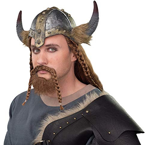 WOOOOZY Helm Wikinger mit Hörnern und Fell