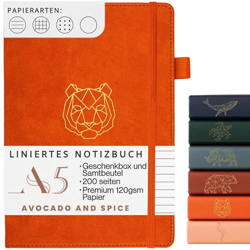 Avocado & Spice A5 Liniertes Notizbuch, Reisetagebuch, Notizblock, Journal, A5 Hardcover Tagesplaner mit Geschenkbox & Samtbeutel - mit Lesezeichen, Gummiband, Stifthalter, 200 Seiten, (Orange)