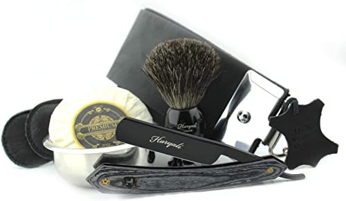 Haryali London, 5-Pcs Wet Shaving Kit | Cut Throat Razor, Black Badger Hair Shaving Brush, Leather Strop, Shaving Soap, Shaving Bowl | Classic Shaving Kit for Men | Traditional Wet Shave Set
