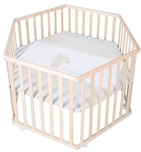 roba Laufgitter 6-eckig in Holz natur - Krabbelgitter inkl. Einlage Liebhabär mit Bären Motiv - 3-fach höhenverstellbar - Mobiler Laufstall auf Rollen