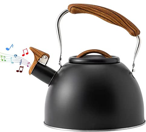 Bouilloire à sifflet Moderne en Acier Inoxydable pour Les Feux, Bouilloire sifflante avec poignée Grain Bois, Bouilloire pour thé et café, Max. 3 l, Fil Platine