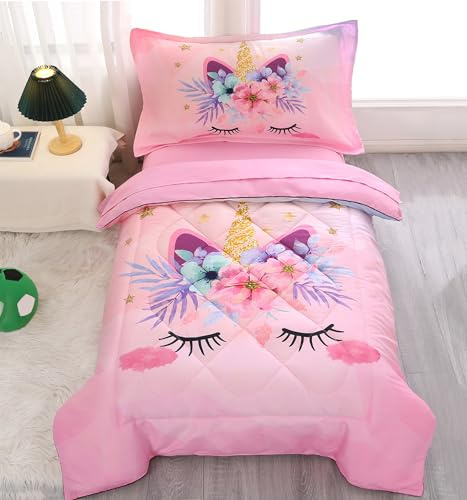 KINBEDY Parure de lit 4 pièces Licorne pour Filles - Motif Floral Rose - Parure de lit pour bébé Fille - Comprend Couette, Drap Plat, Drap-Housse, taie d'oreiller