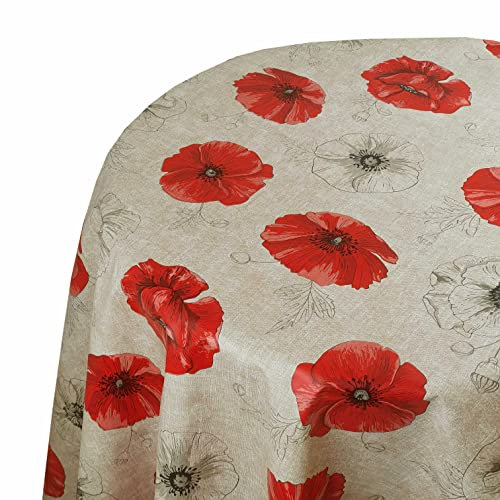 Wachstuch Wachstischdecke Tischdecke Gartentischdecke Größe wählbar Klatschmohn Beige Rund 80 cm abwaschbar