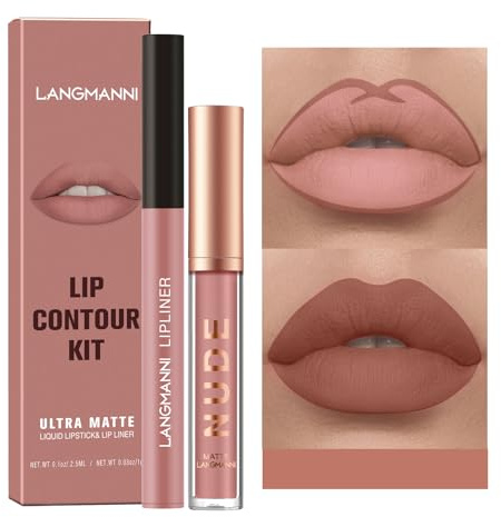 2pcs Matte lipliner crayon et rouge à lèvres set, Pigment crème velours Nude lip gloss Imperméable à l'eau durable naturel One Step lip gloss Ensemble cadeau maquillage (#09)