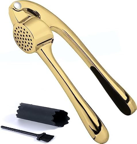 Premium Garlic Press Stainless Steel - Elevate Your Culinary Experience with Our Premium Garlic Mincer, Crusher & Peeler Set, Dishwasher Safe & Rust-proof (Gold)