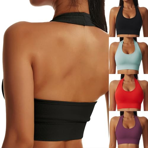 Litthing Sujetador Deportivo Sin Espalda Mujer Cuello Halter Bralette Sin Costuras Soporte Acolchados Comodidad Camisetas Sin Mangas De Gimnasio Inalámbrica Tops Cortos Sexy para Yoga