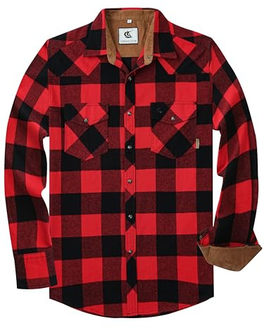 Dctop Chemise Flanelle Homme à Manches Longues, Style bûcheron à Carreaux, Boutons Pression, en Coton avec Poche, Coupe régulière décontractée (Rouge/Noir 1# 2XL)