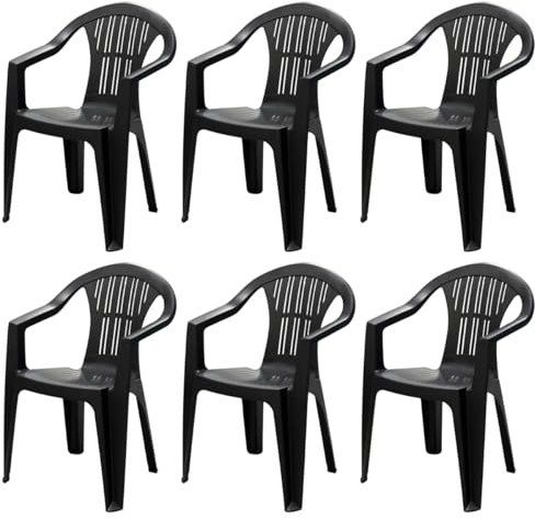Tomaino - Chaise De Jardin en Plastique, Lot de 6 Chaises en Résine Extérieur, avec Accoudoirs, Empilable - Camping, Bar (6, Noir) …