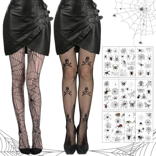 LGZIN Collants Halloween Femme, 2 Paires Collants Résille avec 10 Araignées Tatouages Temporaires, Noir, Sexy et Élastiques, Déguisement pour Carnaval