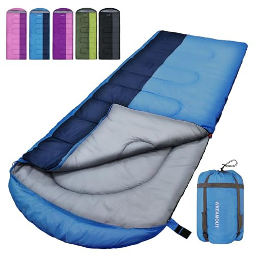 WKFAMOUT XL Schlafsack Outdoor 10℃ Deckenschlafsack für Erwachsene Maschinenwaschbar Schlafsäcke 3–4 Jahreszeiten mit Kompressionssack Camping Wandern 220x85CM Blau