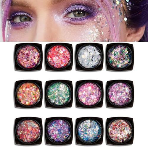 EIYVPRA Festival Paillettes Visage pour Déguisements Festifs, paillettes visage festival, 12PCS Couleurs Body Glitter pour Nail Art et Corps Cheveux Décoration Vêtements Féminine Maquillage Paillettes