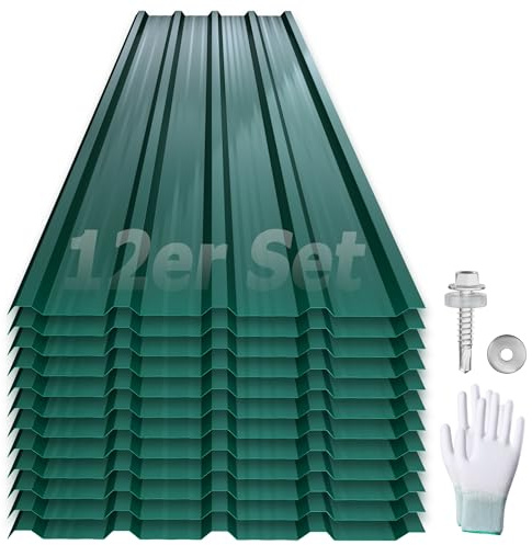 YRHome Tôle trapézoïdale en acier, résistante aux intempéries, en tôle ondulée, pour garage, toit avec vis et gants, couleur vert, lot de 12 pièces