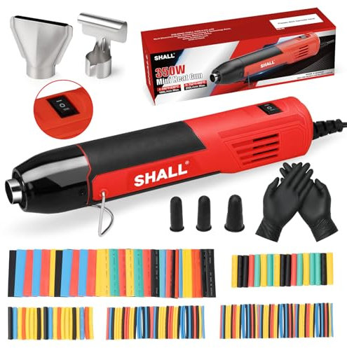 SHALL 350W Mini Heat Gun Set, Portable Hot Air Gun with Reflector Nozzle & Foldable Stand, 2 Temperature Settings 230℃/400℃, for Crafts, Shrink Wrap, Ink Drying