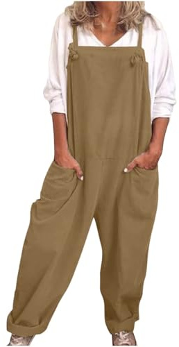 Bomull linne hängselbyxor för kvinnor breda ben jumpsuit lång lös passform lekdräkter ärmlös plus storlek band overaller fritid en del passar för resor, semester sommar overall, Khaki, M