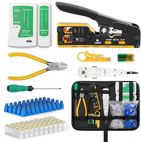 RJ45 Crimpzange Netzwerk Werkzeug Set für Cat5/Cat6/CAT7 50x RJ45 Stecker | Pass Through Crimpzange rj45, Abisolierzange mit Netzwerktester, RJ45/RJ11/RJ12 Netzwerk Reparatur Kit