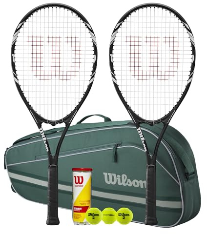 Wilson Federer Tennisschläger Twin Set, Schwarz, mit Advantage Tennistasche und Bällen