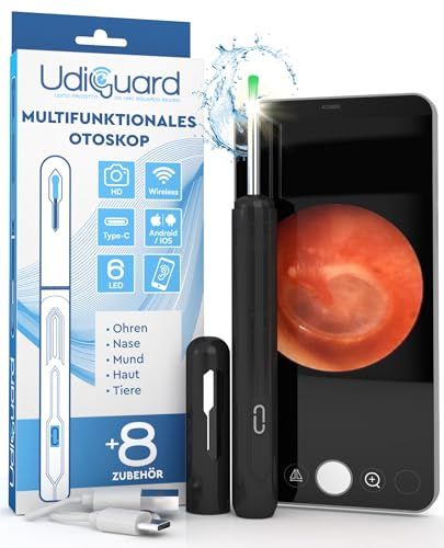 Otoscopio Limpiador de Oídos con Cámara 3,6mm 1920p WiFi Endoscopio de Oídos - UdiGuard Limpieza de Oídos Digital con 6 Luces LED Adultos Niños Animales - Compatible con iPhone iPad y Android Negro