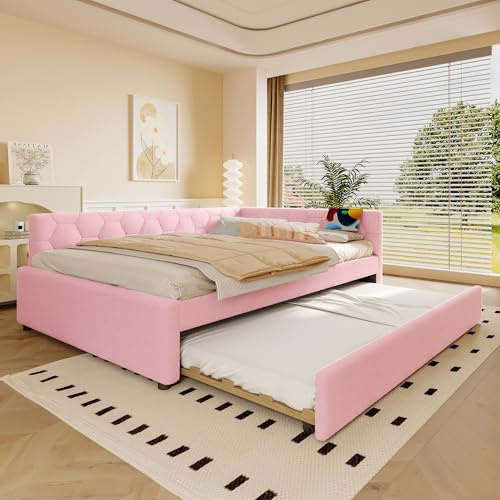Daybett mit Nachttischlampe Tagesbett mit USB-Anschluss Typ-C Einzelbett mit Lattenrost Schlafsofa für Erwachsene Jugendliche Gästebett Ohne Matratze Rosa mit Ausziehbett 140x200 cm