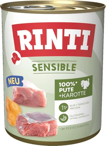 RINTI – Sensible | Våtfoder för känsliga och vuxna hundar med naturliga köttbitar. Spannmålsfritt helfoder i burken utan konstgjorda tillsatser | 6 x 800 g kalkon morot